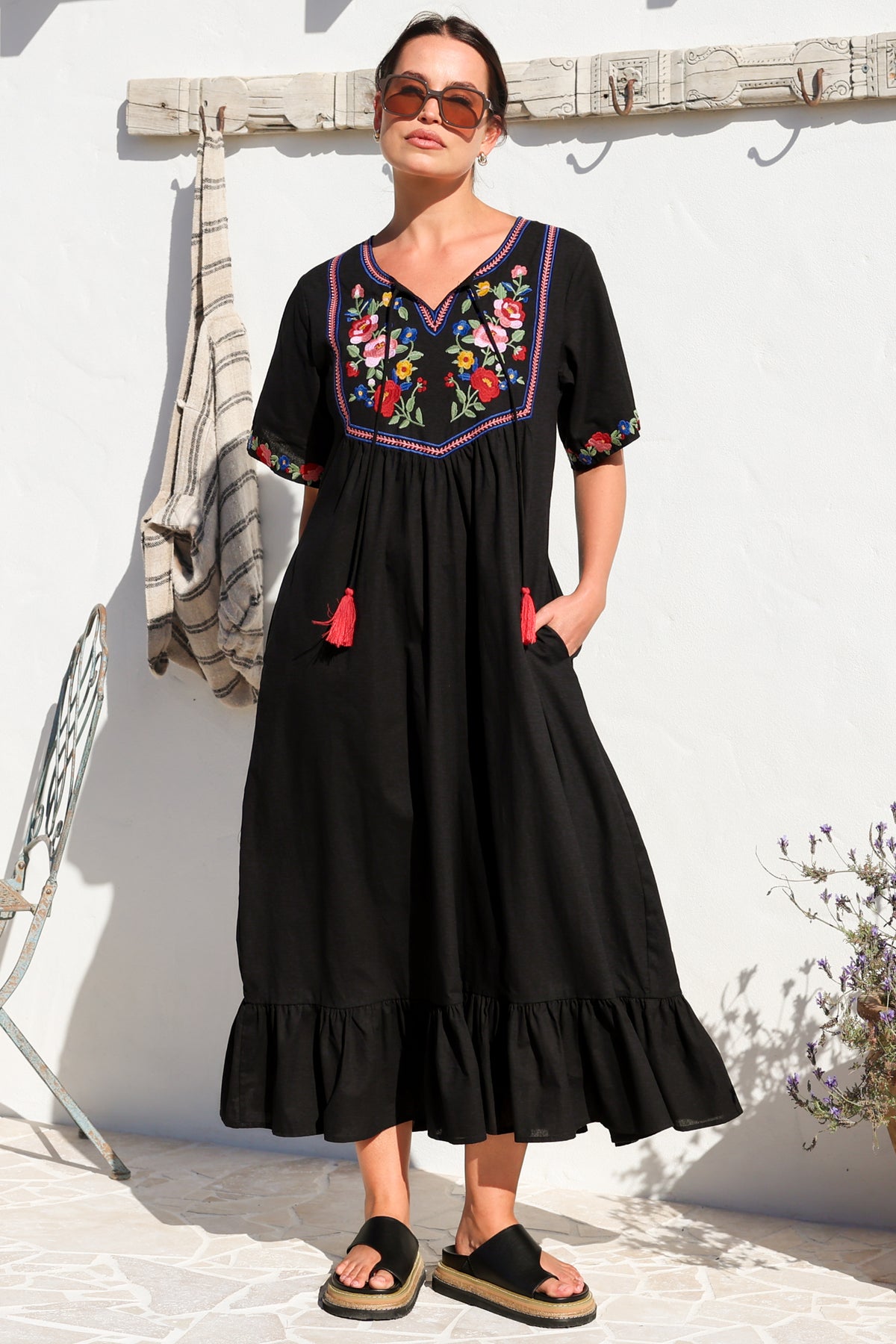 Azalea 1/2 Sleeve Midi Dress - Floral Embroidered Motif Shift Dress in Black