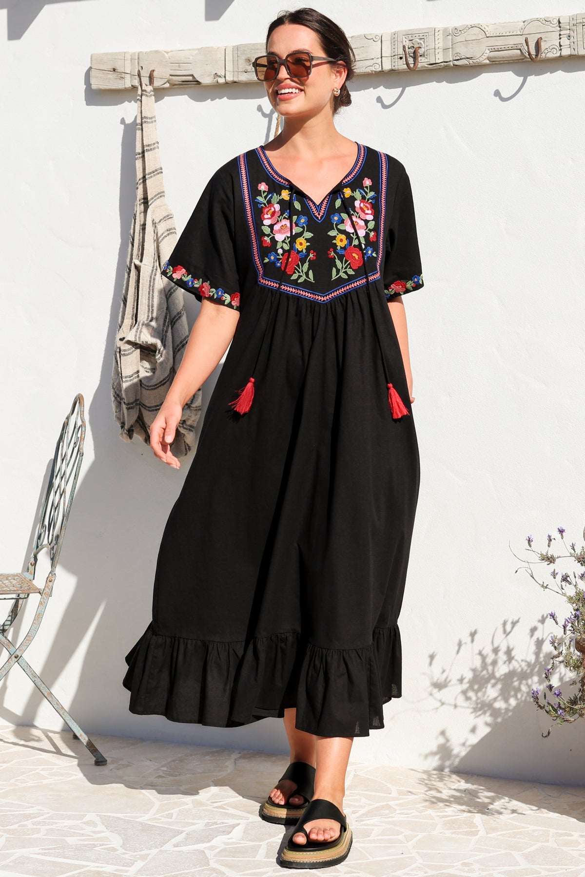 Azalea 1/2 Sleeve Midi Dress - Floral Embroidered Motif Shift Dress in Black