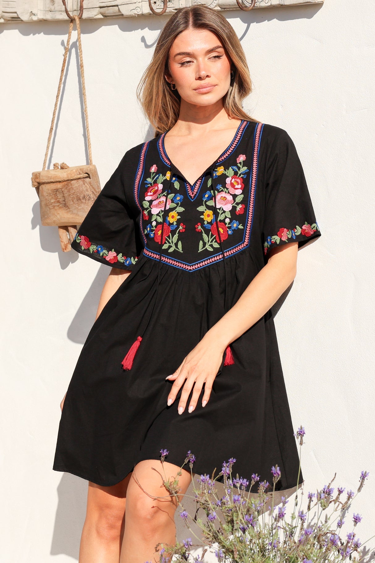 Azalea 1/2 Sleeve Mini Dress - Floral Embroidered Motif Shift Dress in Black