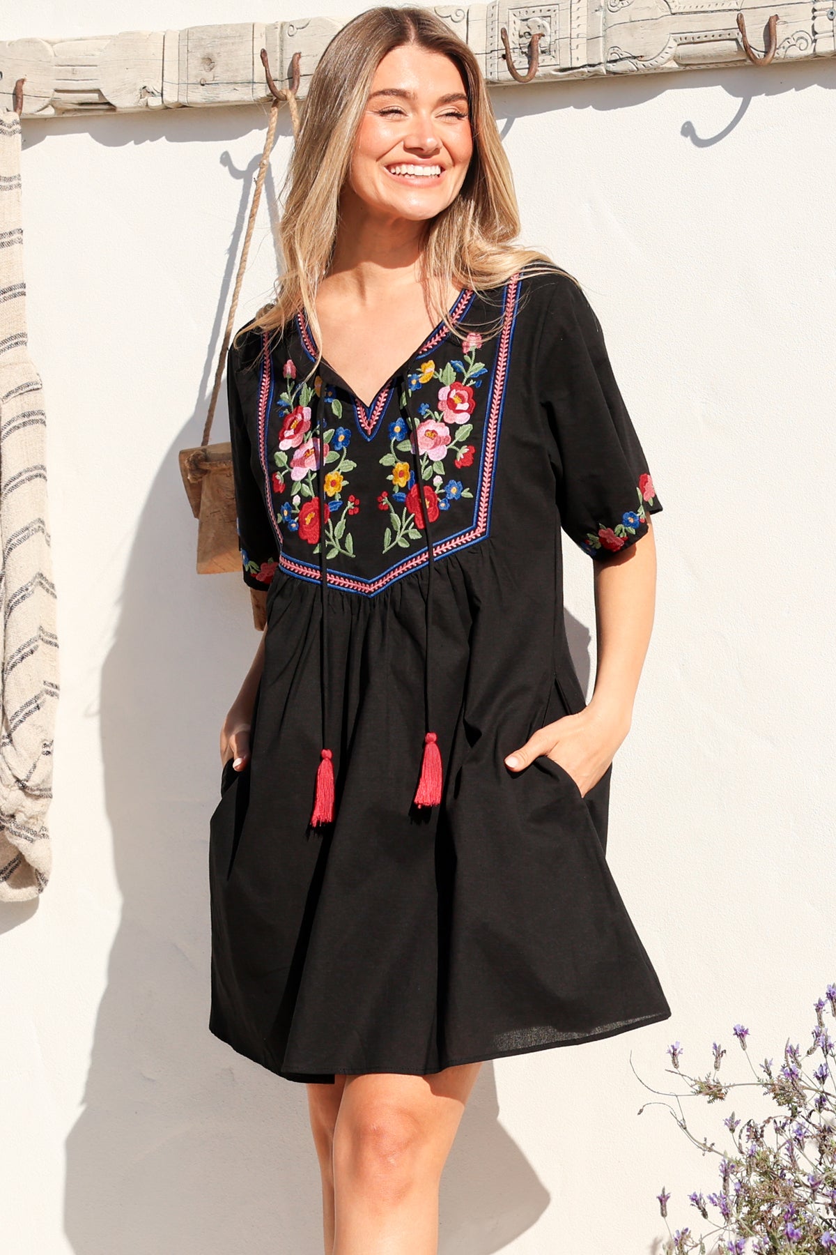 Azalea 1/2 Sleeve Mini Dress - Floral Embroidered Motif Shift Dress in Black