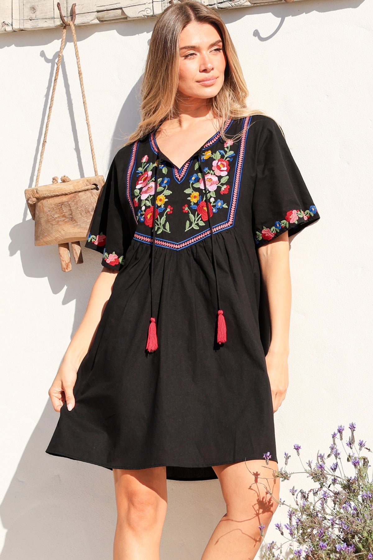 Azalea 1/2 Sleeve Mini Dress - Floral Embroidered Motif Shift Dress in Black