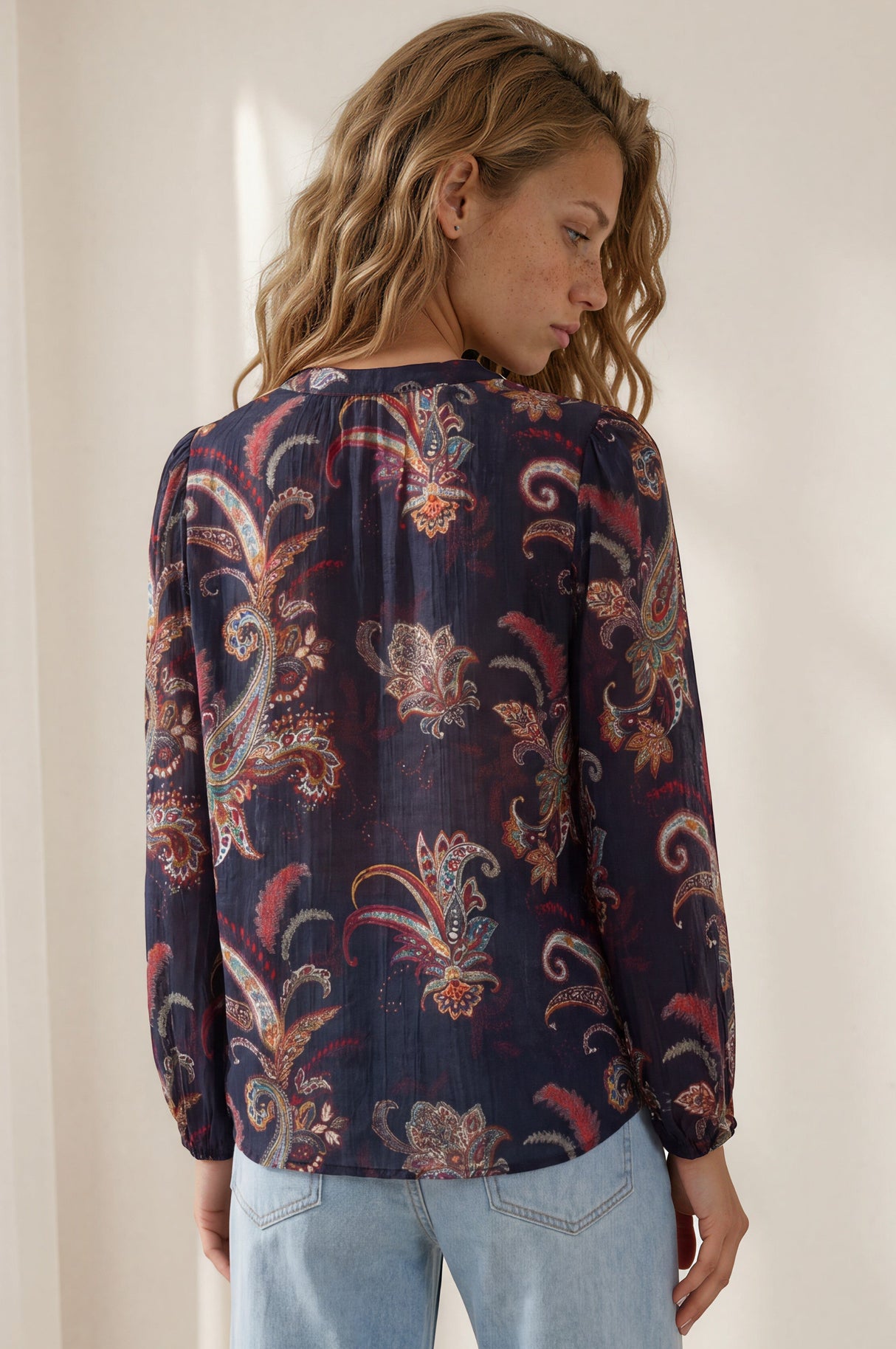 Model wearing Azalia Blouse in Chateau Print from Salty Crush