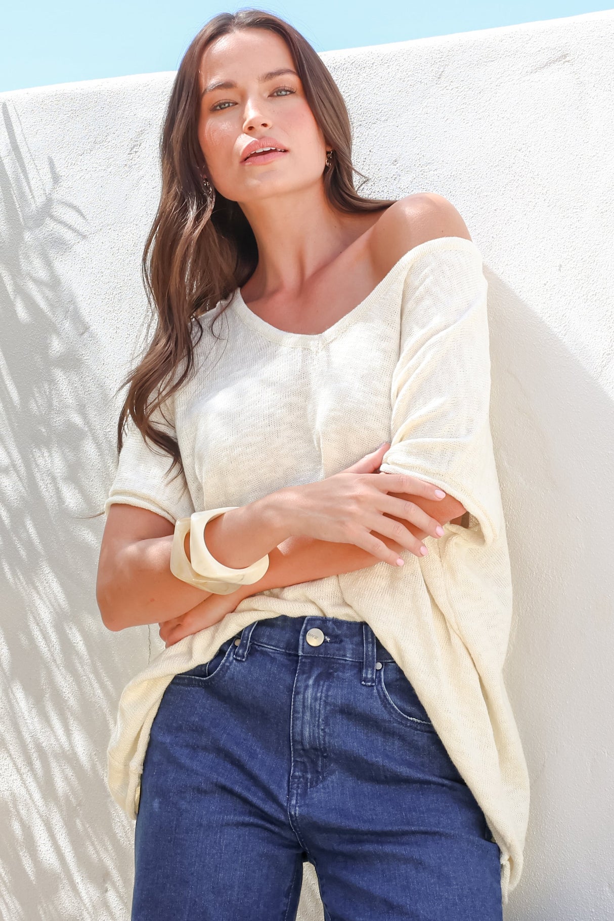 Baha Knit Top - Relaxed V Neck Cotton Knit with Short Sleeves in White