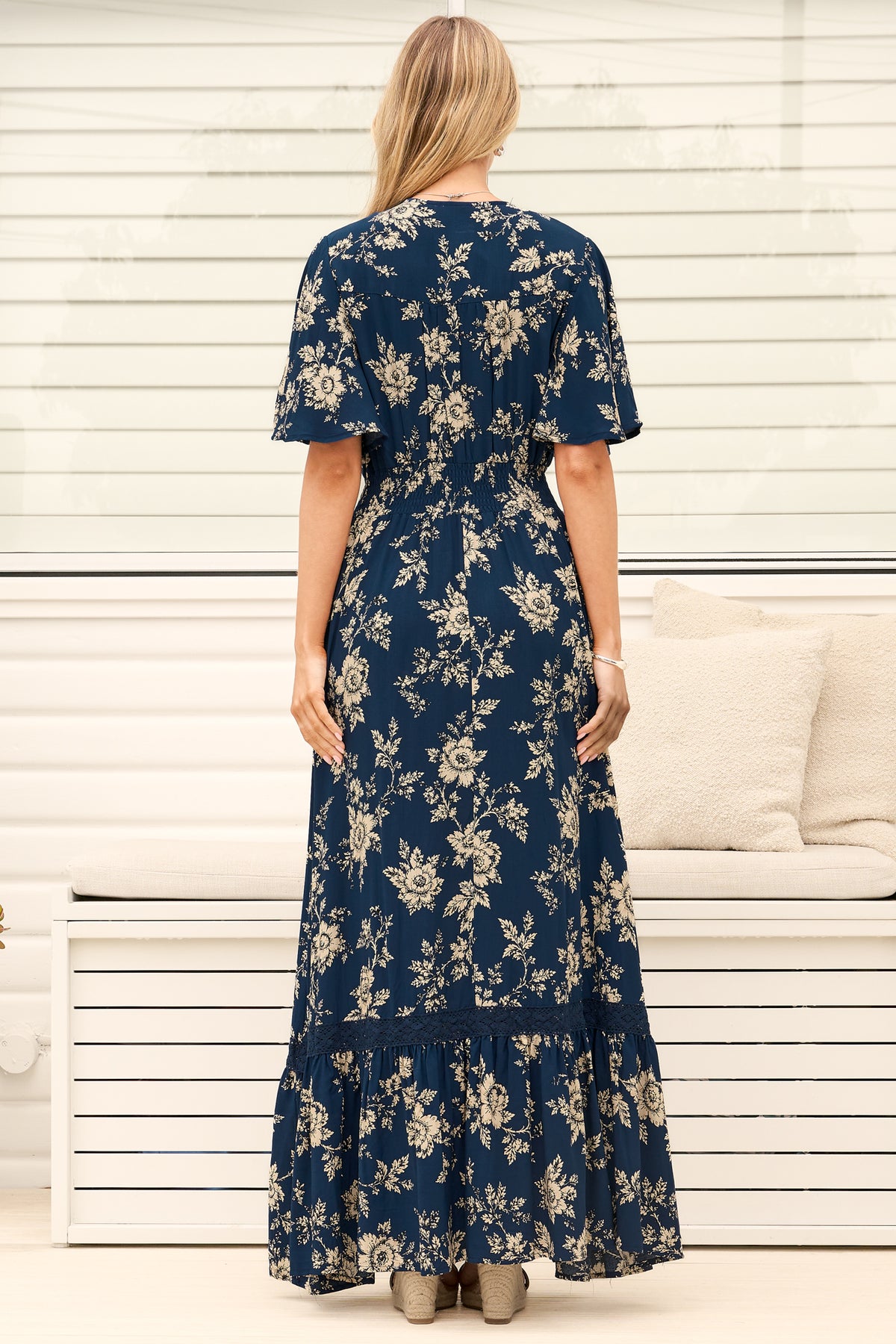 Model wearing Balenca Maxi Dress in Salvia Print Navy from Salty Crush