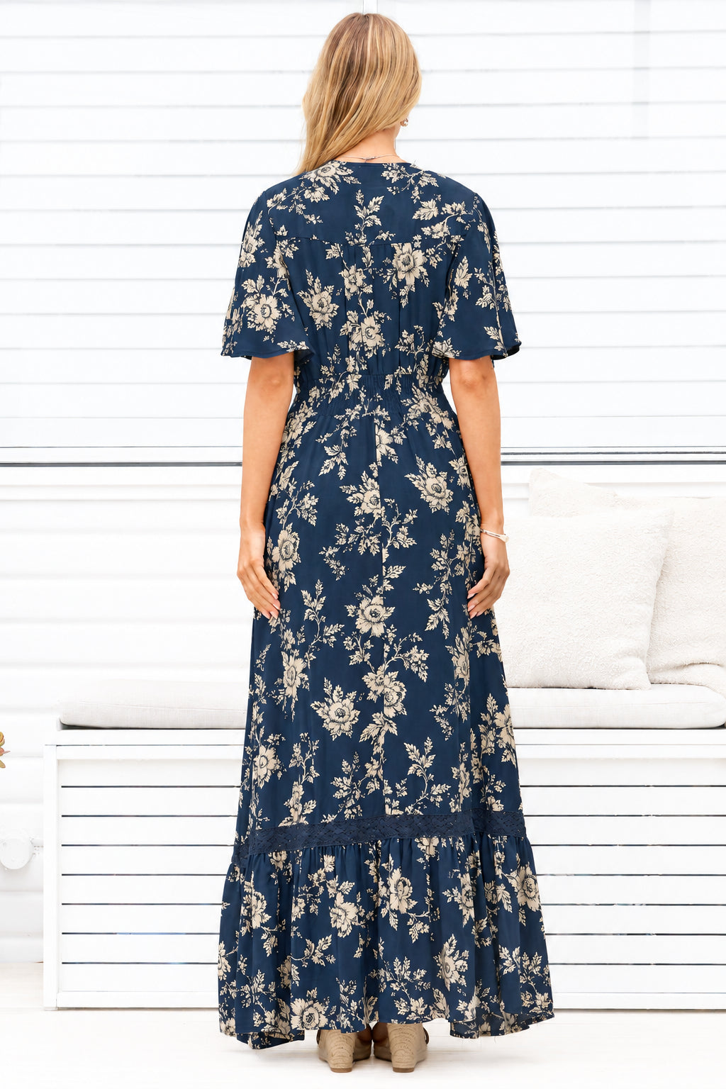 Model wearing Balenca Maxi Dress in Salvia Print Navy from Salty Crush