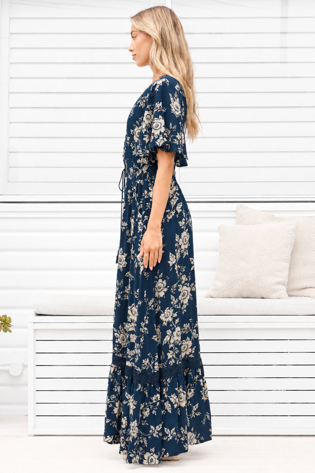 Model wearing Balenca Maxi Dress in Salvia Print Navy from Salty Crush