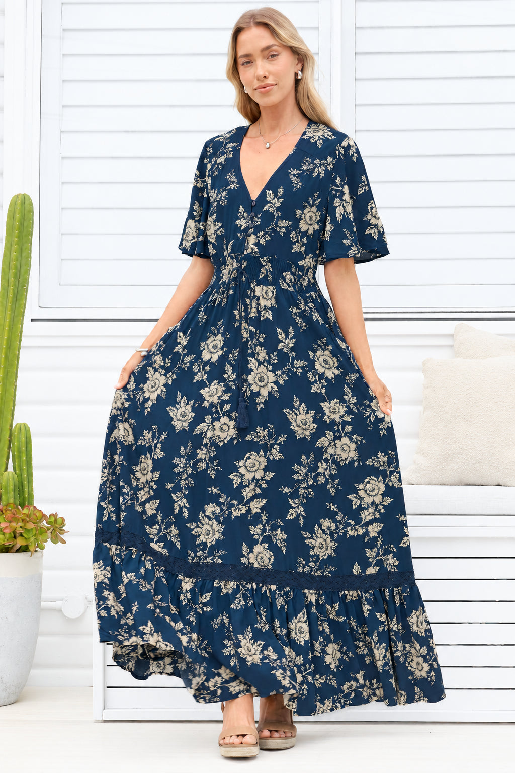 Model wearing Balenca Maxi Dress in Salvia Print Navy from Salty Crush