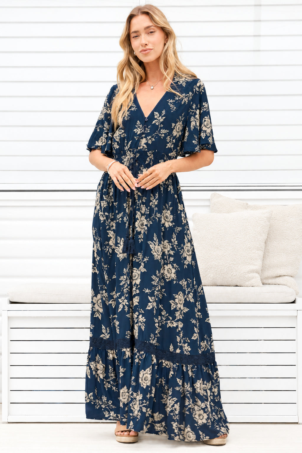 Model wearing Balenca Maxi Dress in Salvia Print Navy from Salty Crush