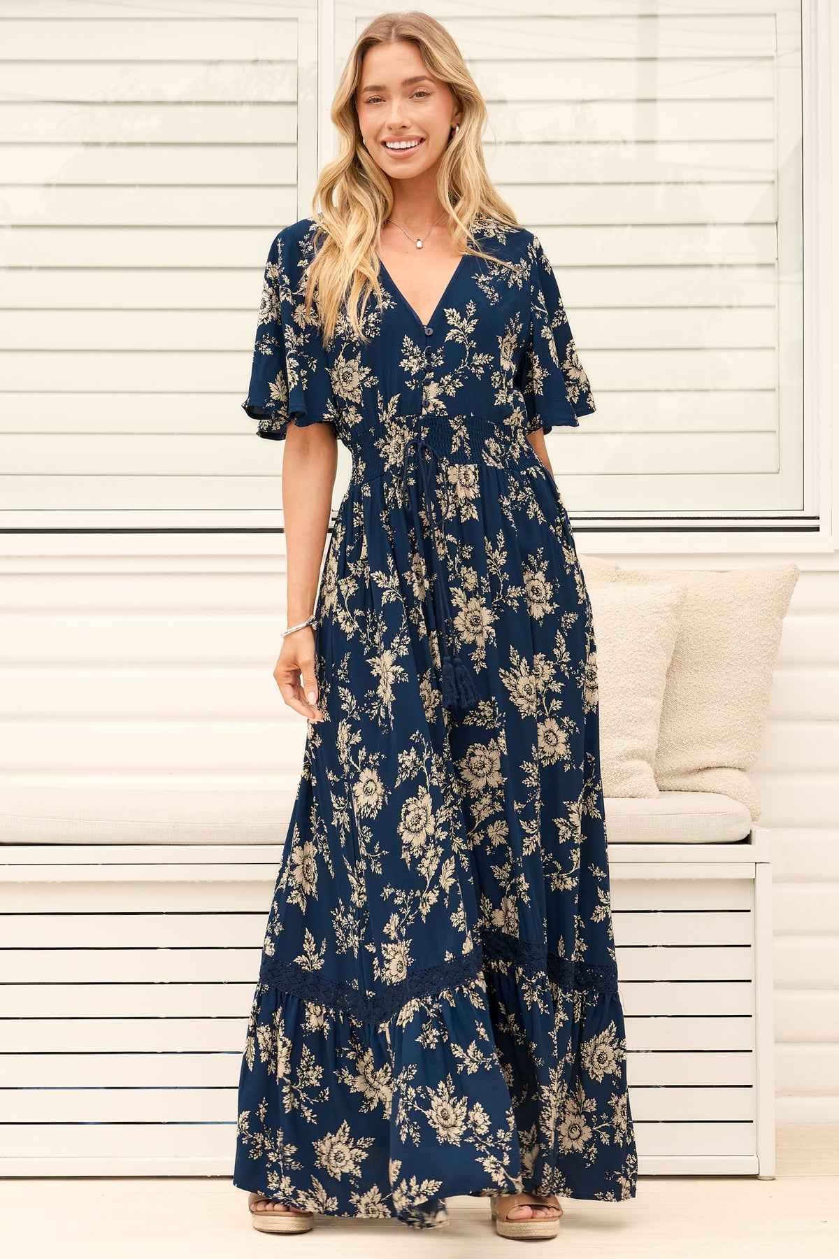 Model wearing Balenca Maxi Dress in Salvia Print Navy from Salty Crush