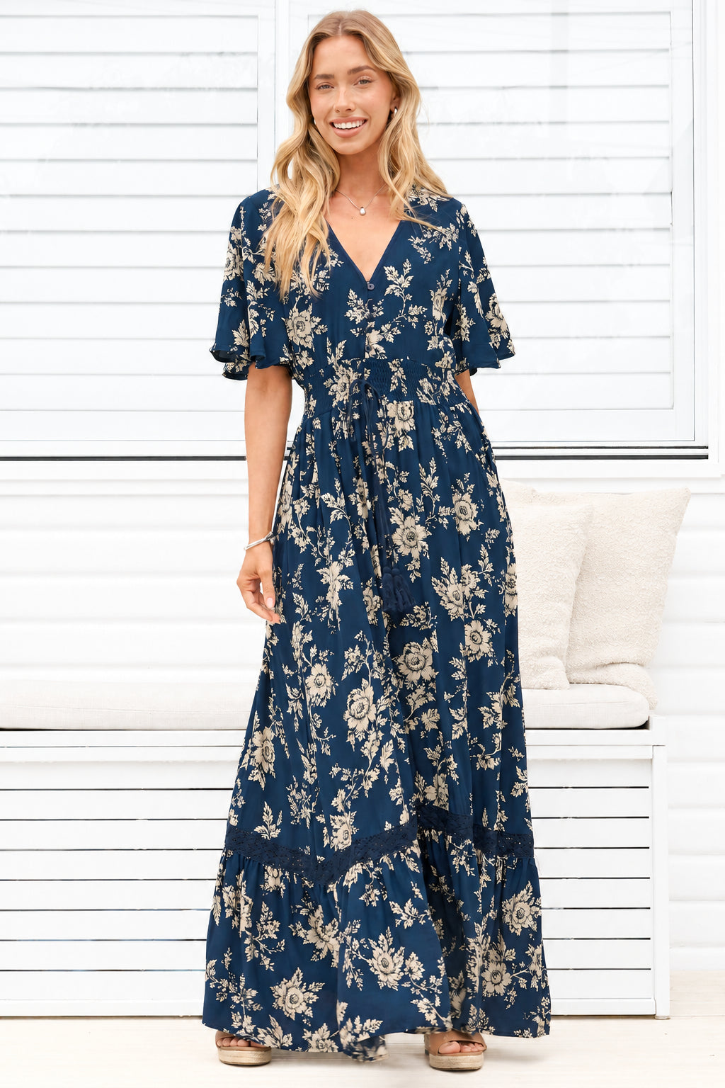 Model wearing Balenca Maxi Dress in Salvia Print Navy from Salty Crush