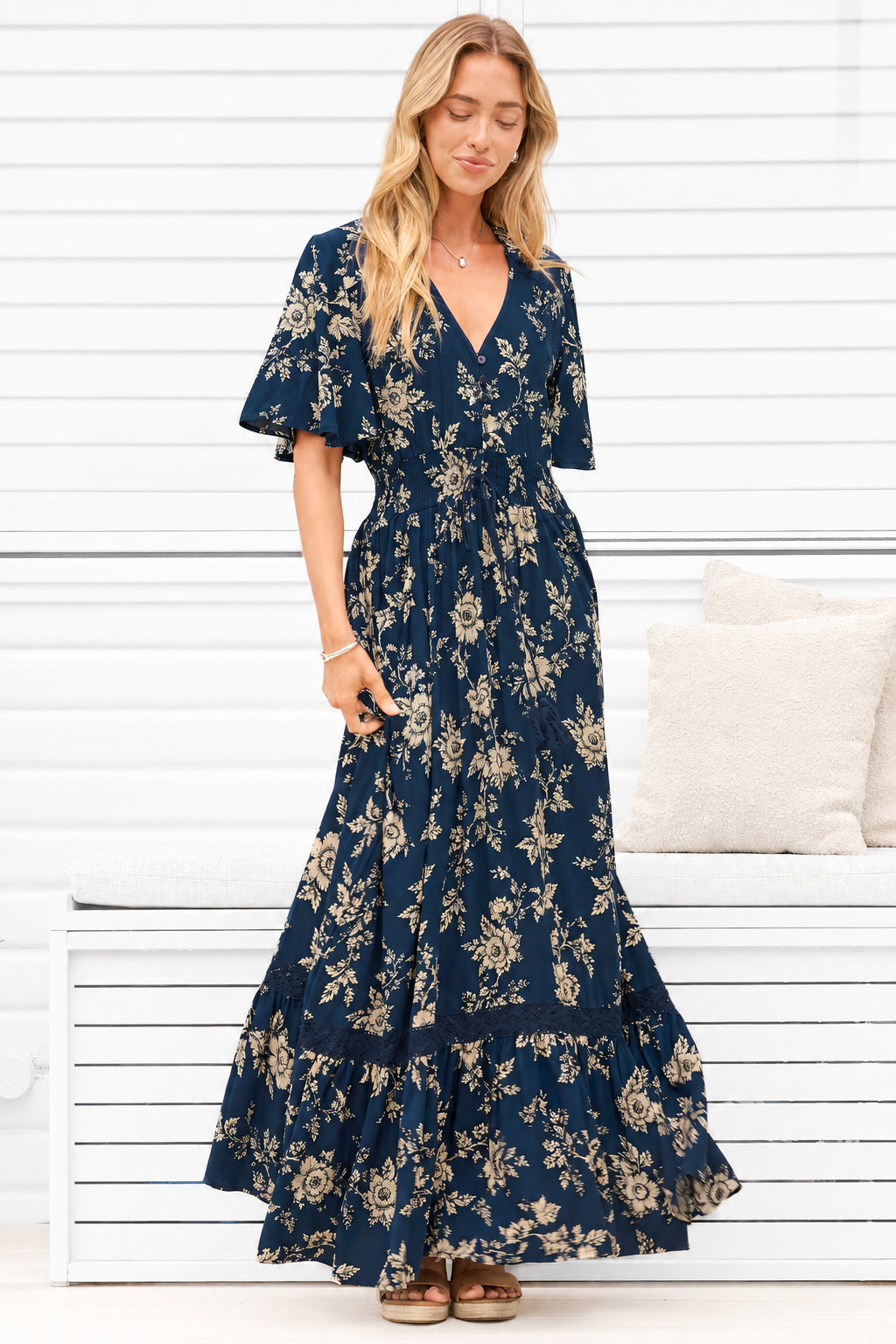Model wearing Balenca Maxi Dress in Salvia Print Navy from Salty Crush