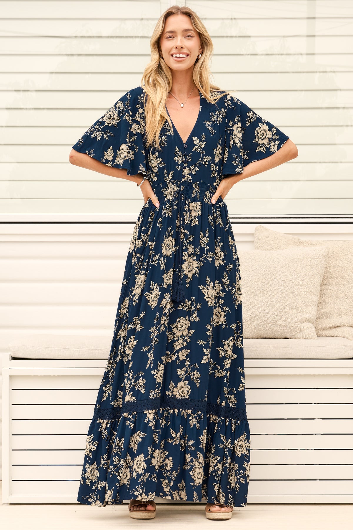 Model wearing Balenca Maxi Dress in Salvia Print Navy from Salty Crush