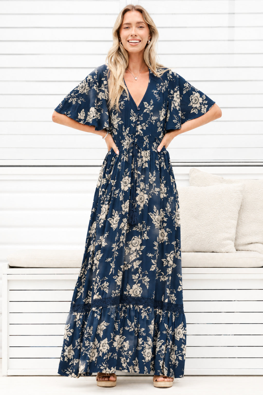 Model wearing Balenca Maxi Dress in Salvia Print Navy from Salty Crush