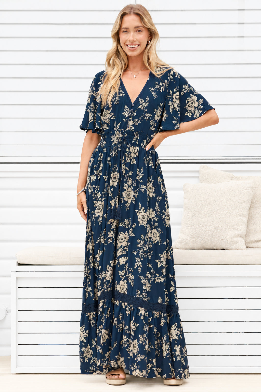 Model wearing Balenca Maxi Dress in Salvia Print Navy from Salty Crush