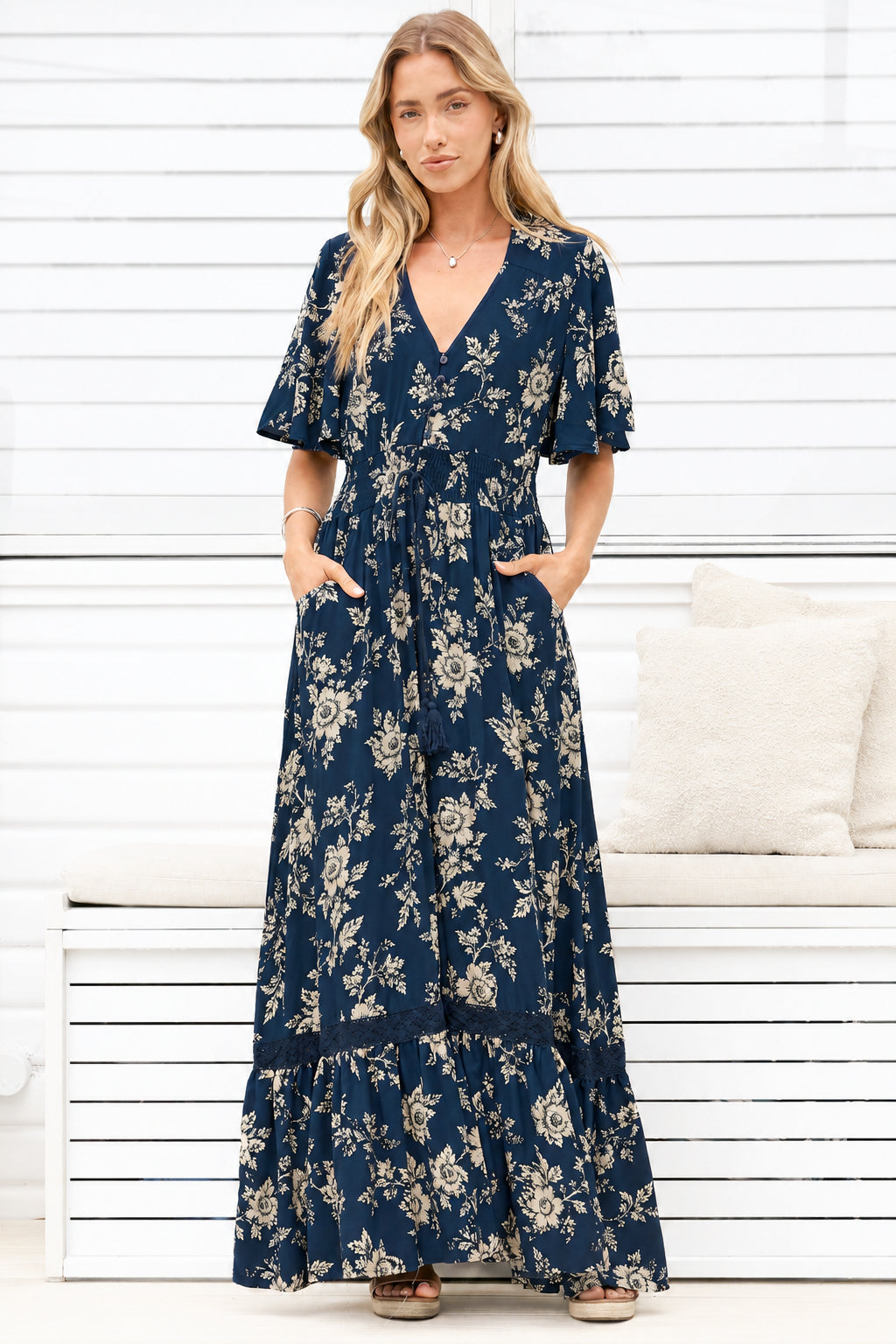 Model wearing Balenca Maxi Dress in Salvia Print Navy from Salty Crush