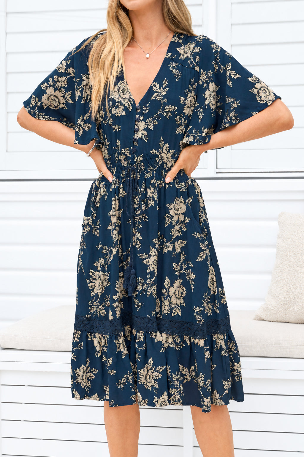 Model wearing Balenca Mini Dress in Salvia Print Navy from Salty Crush