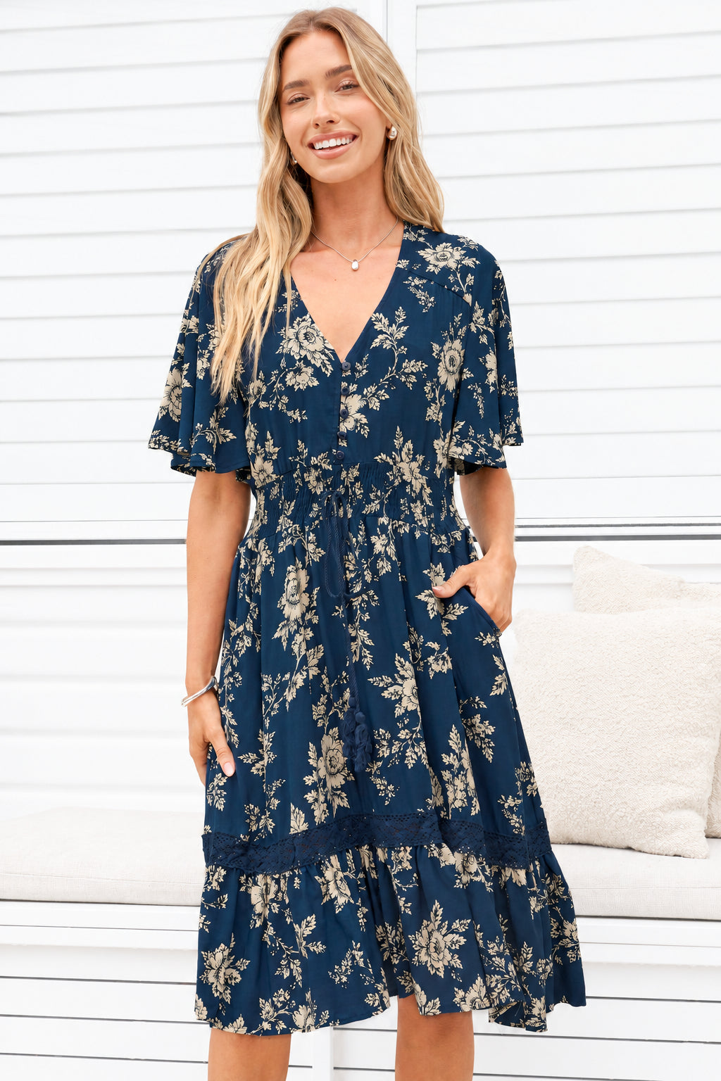 Model wearing Balenca Mini Dress in Salvia Print Navy from Salty Crush