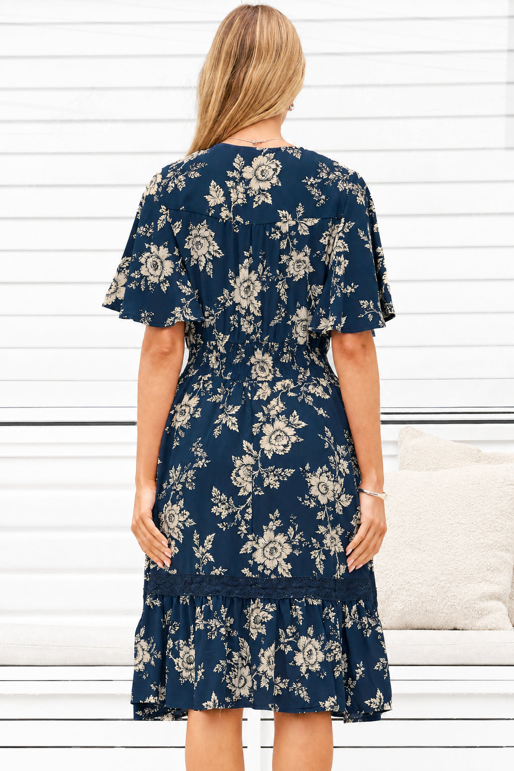 Model wearing Balenca Mini Dress in Salvia Print Navy from Salty Crush
