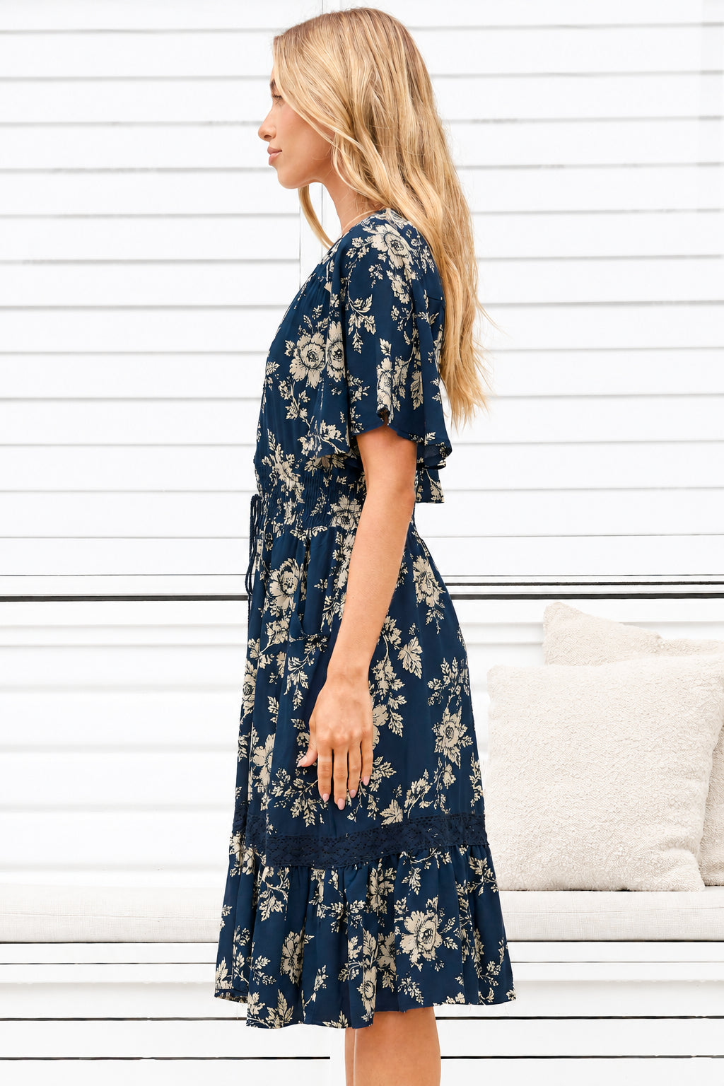 Model wearing Balenca Mini Dress in Salvia Print Navy from Salty Crush
