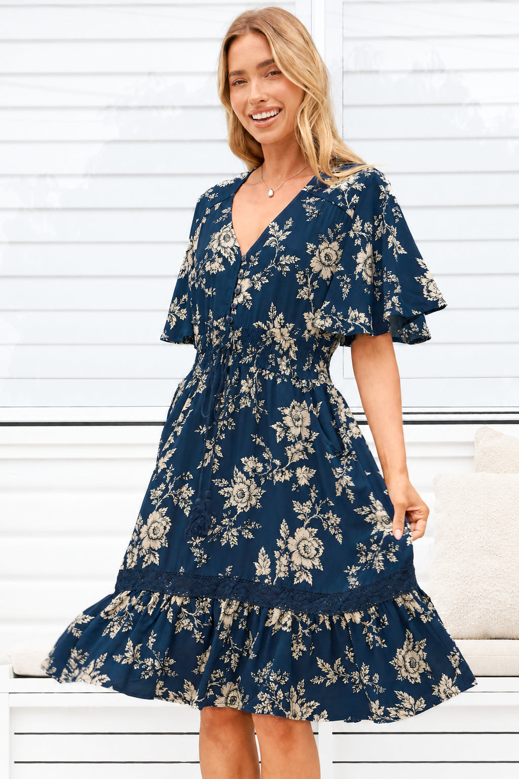 Model wearing Balenca Mini Dress in Salvia Print Navy from Salty Crush