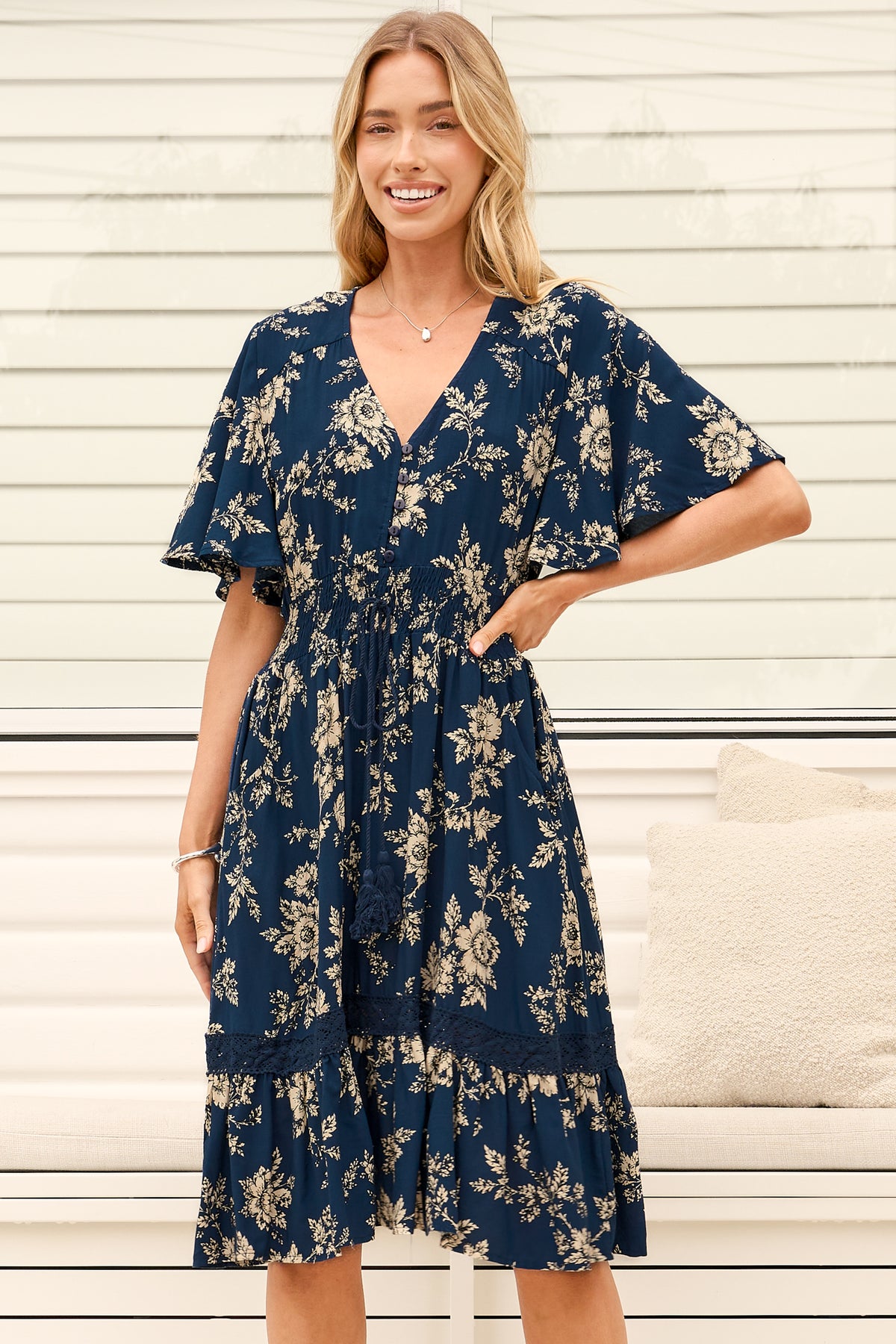 Model wearing Balenca Mini Dress in Salvia Print Navy from Salty Crush