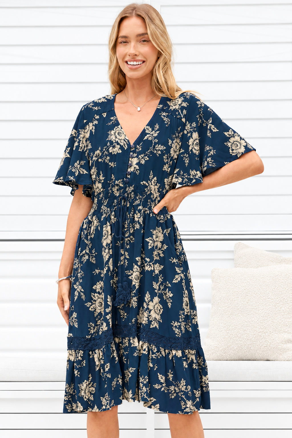 Model wearing Balenca Mini Dress in Salvia Print Navy from Salty Crush