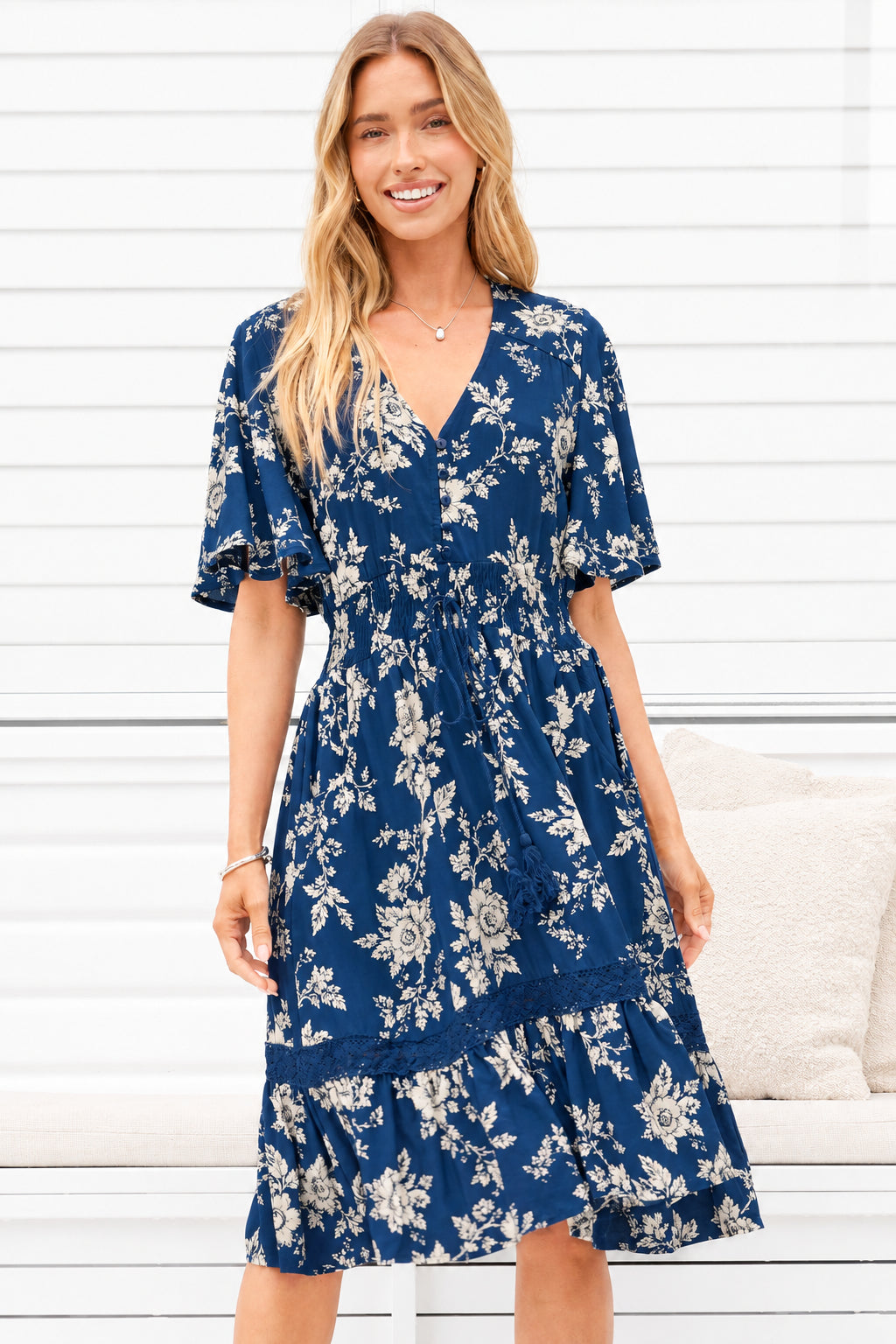Model wearing Balenca Mini Dress in Salvia Print Navy from Salty Crush