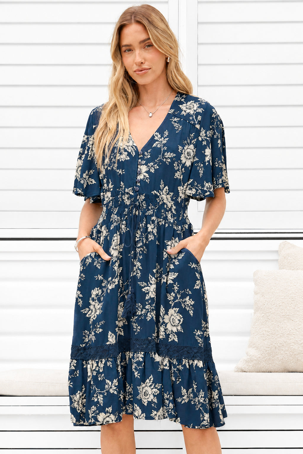 Model wearing Balenca Mini Dress in Salvia Print Navy from Salty Crush