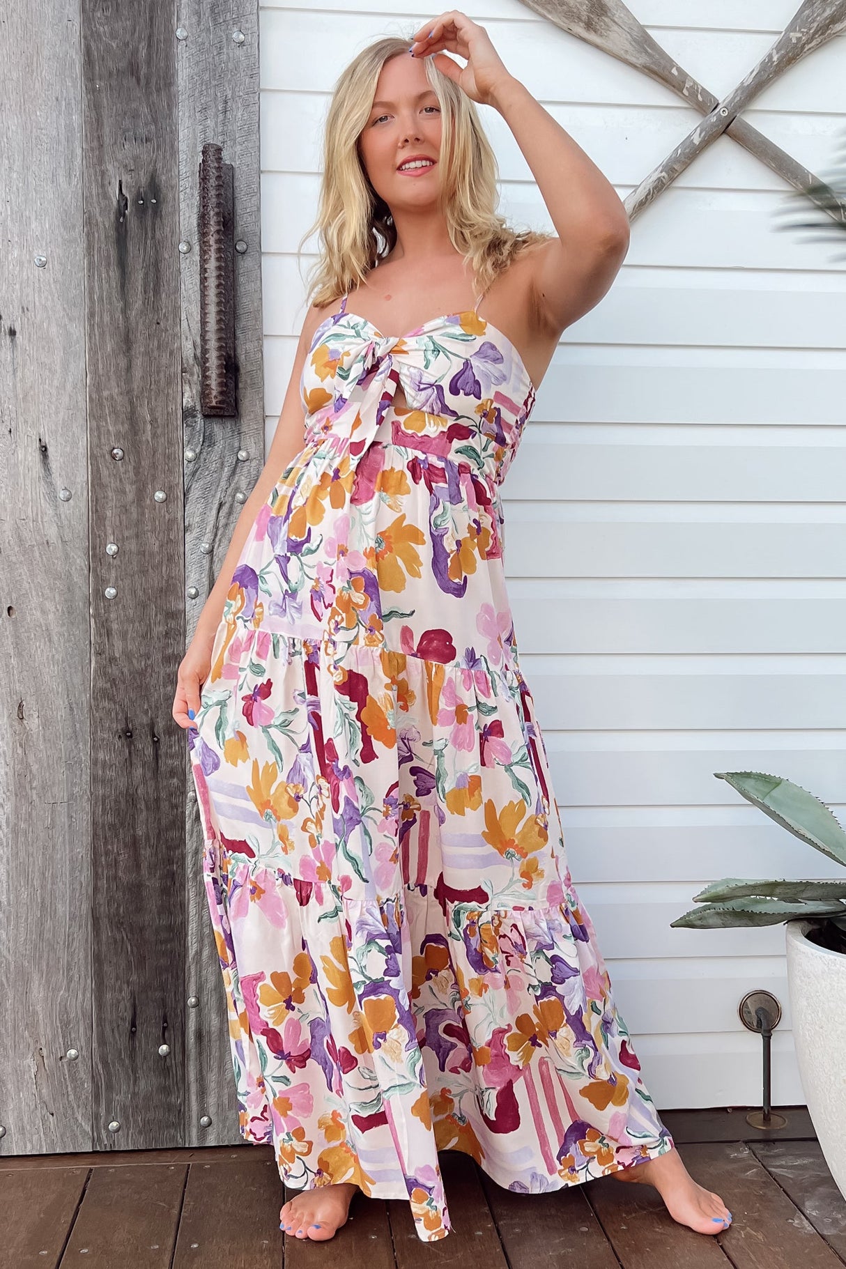 JAASE - Bambi Maxi Dress: Sun Dress with Cut Out Detail and Bow at the Bust in Sweet Lily Print