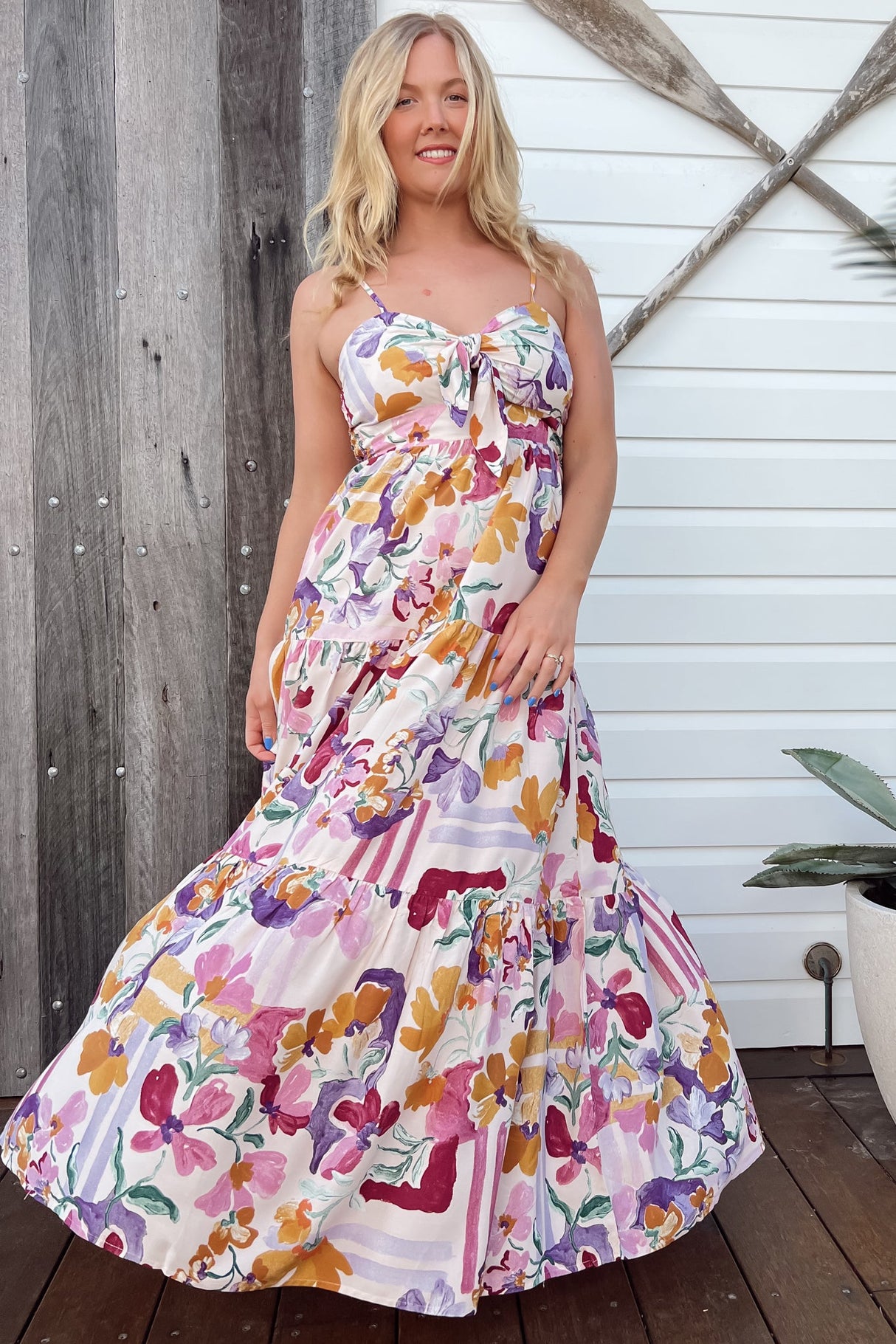 JAASE - Bambi Maxi Dress: Sun Dress with Cut Out Detail and Bow at the Bust in Sweet Lily Print