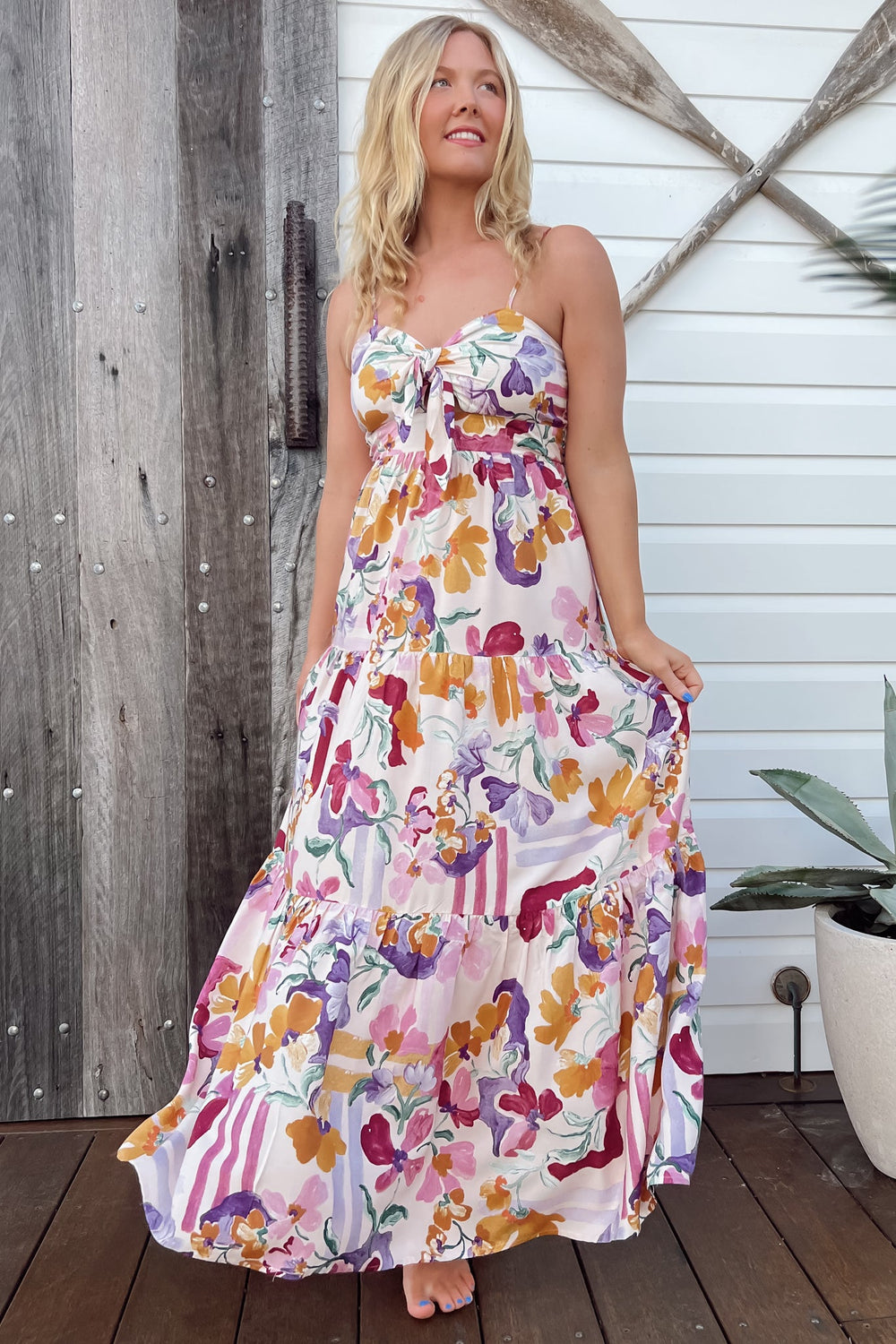 JAASE - Bambi Maxi Dress: Sun Dress with Cut Out Detail and Bow at the Bust in Sweet Lily Print