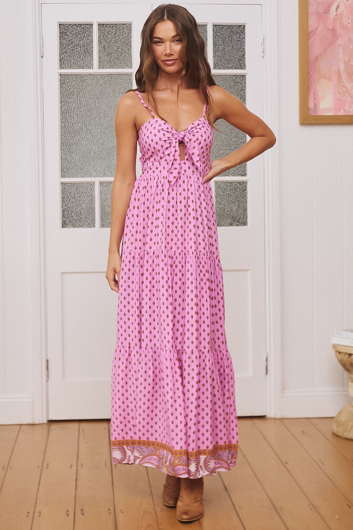 JAASE - Bambi Maxi Dress: Sun Dress with Cut Out Detail and Bow at the Bust in Venus Print