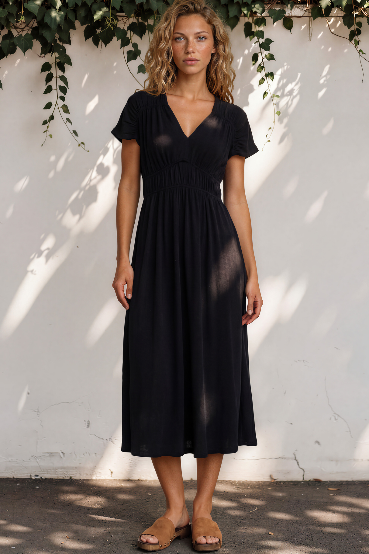 Woman wearing a black dress standing against a white wall with greenery.