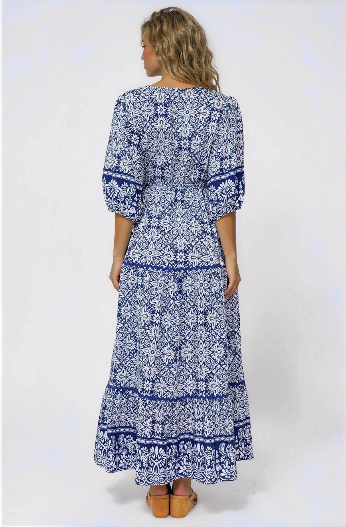 Baxter Maxi Dress - 3/4 Sleeve Tiered Dress with Ric Rac Splicing in Harley Print Blue