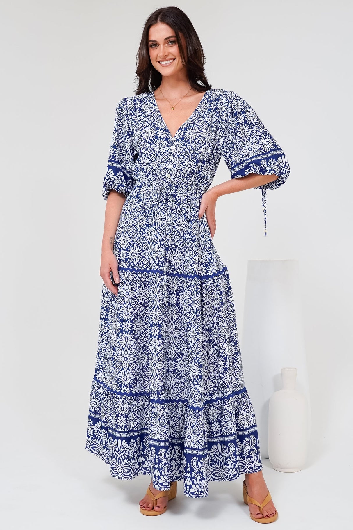 Baxter Maxi Dress - 3/4 Sleeve Tiered Dress with Ric Rac Splicing in Harley Print Blue