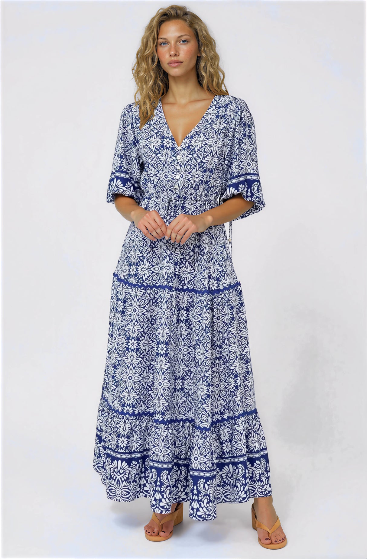 Baxter Maxi Dress - 3/4 Sleeve Tiered Dress with Ric Rac Splicing in Harley Print Blue