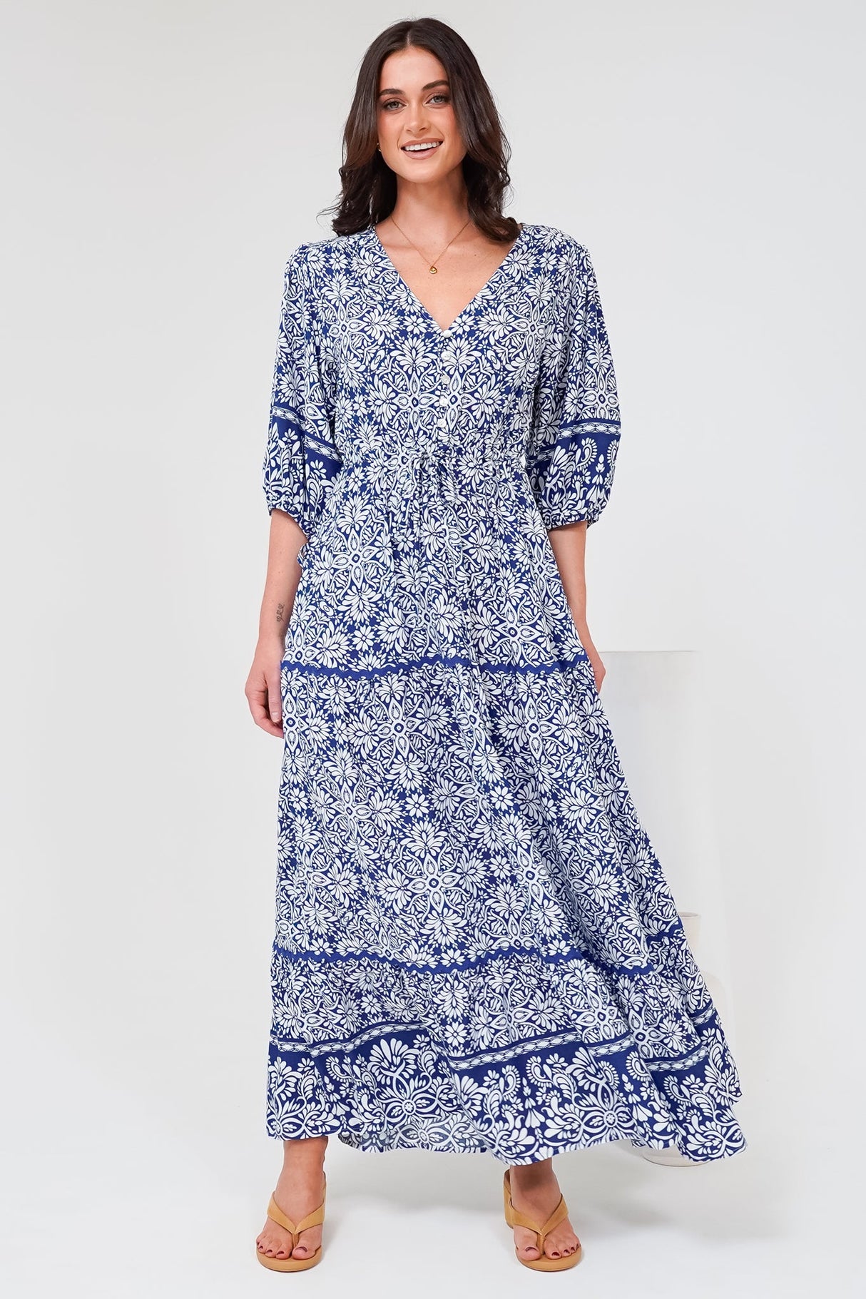 Baxter Maxi Dress - 3/4 Sleeve Tiered Dress with Ric Rac Splicing in Harley Print Blue