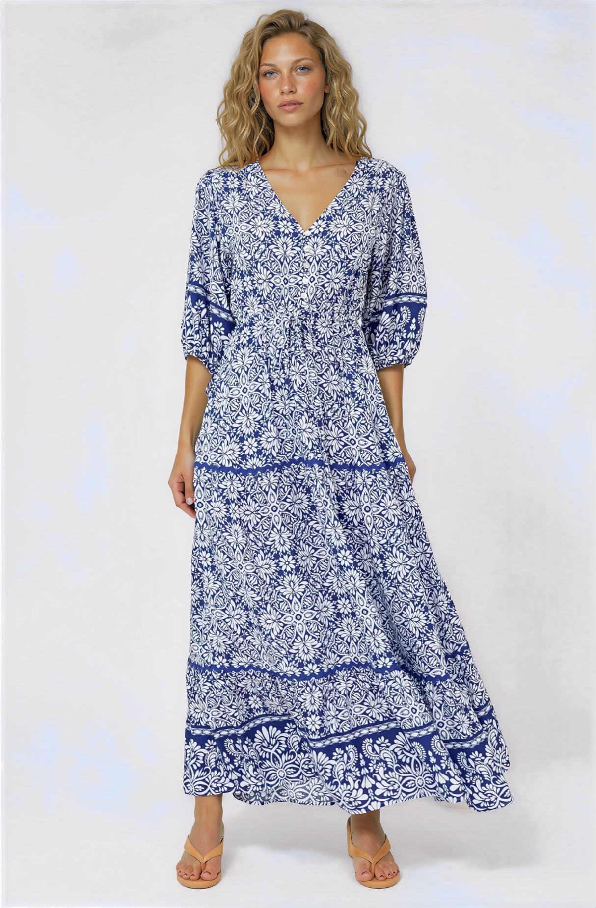 Baxter Maxi Dress - 3/4 Sleeve Tiered Dress with Ric Rac Splicing in Harley Print Blue
