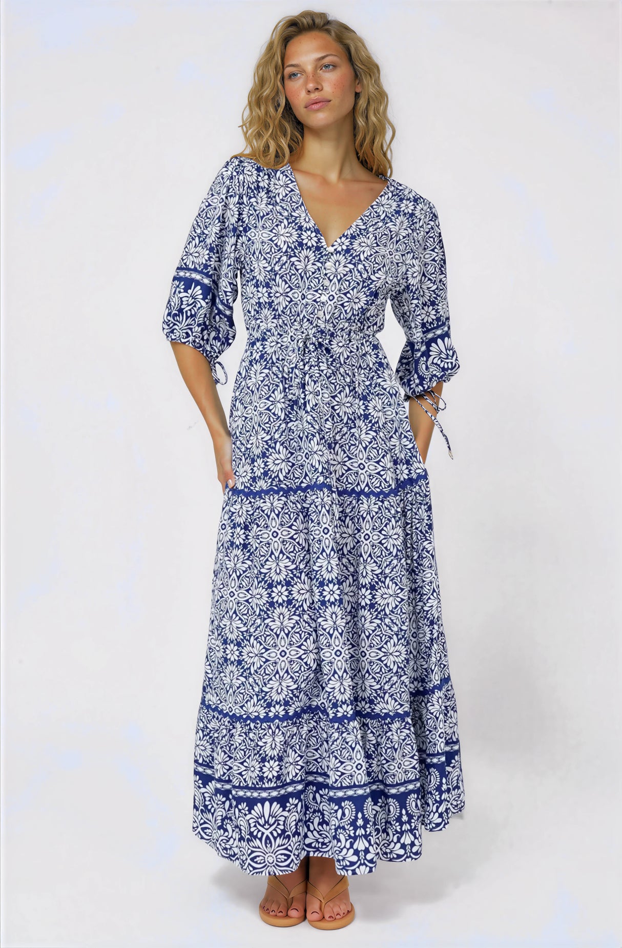 Baxter Maxi Dress - 3/4 Sleeve Tiered Dress with Ric Rac Splicing in Harley Print Blue