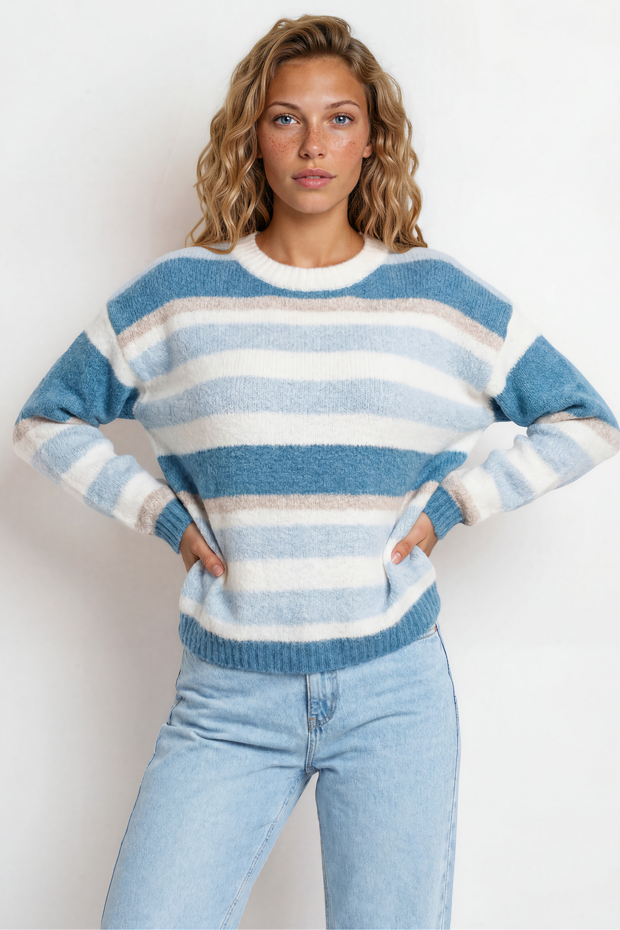 Model wearing Bay Jumper in Blue from Salty Crush