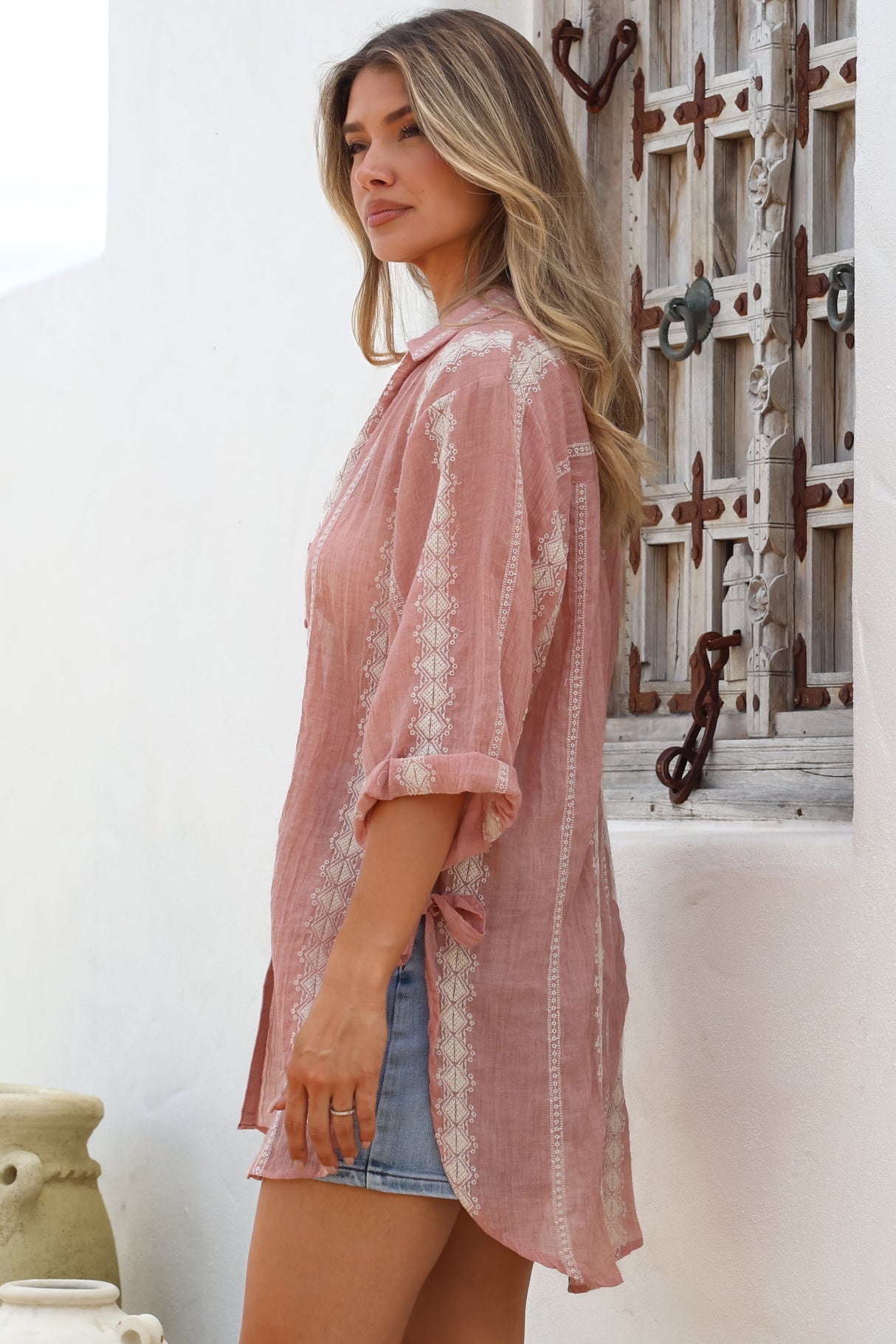 Beachly Embroidered Shirt - Collared Button Down Oversized Shirt in Pink