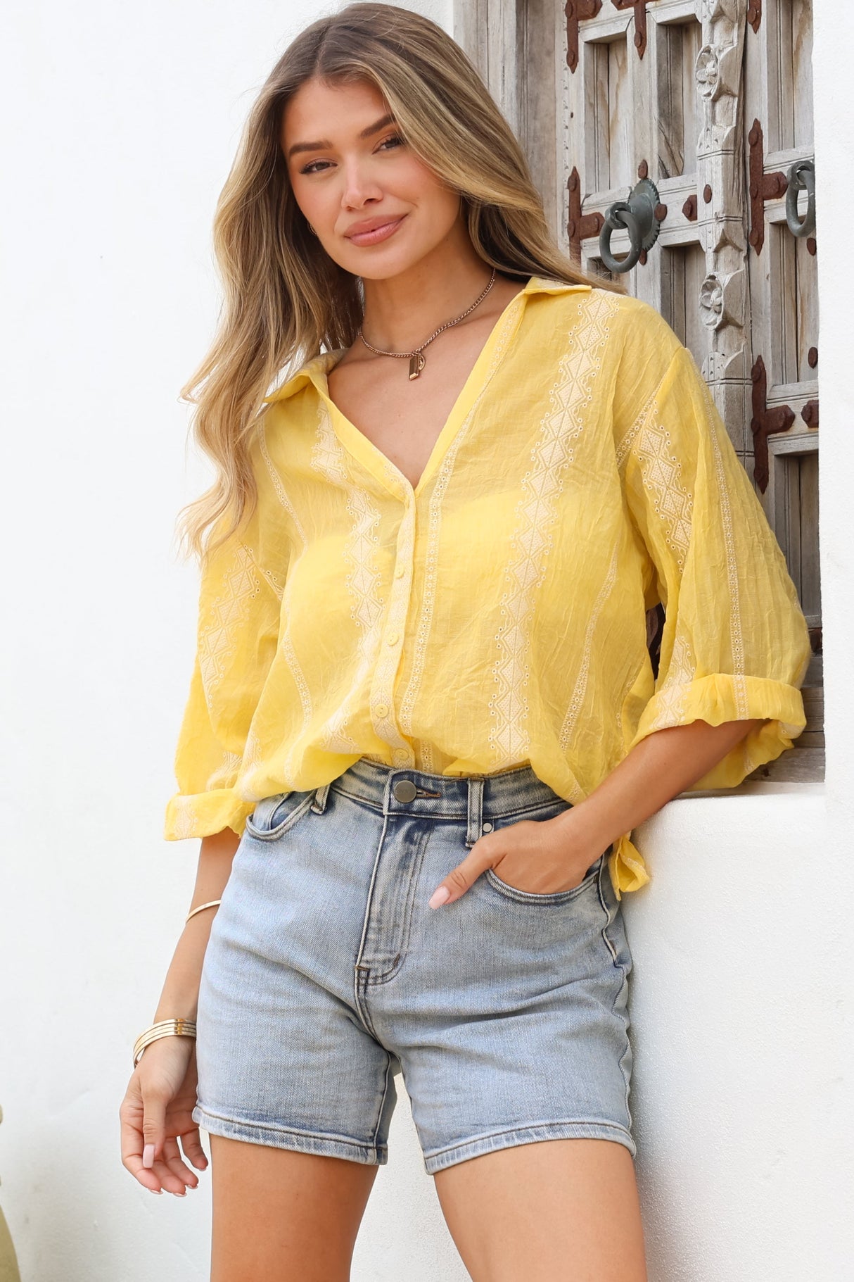 Beachly Embroidered Shirt - Collared Button Down Oversized Shirt in Lemon