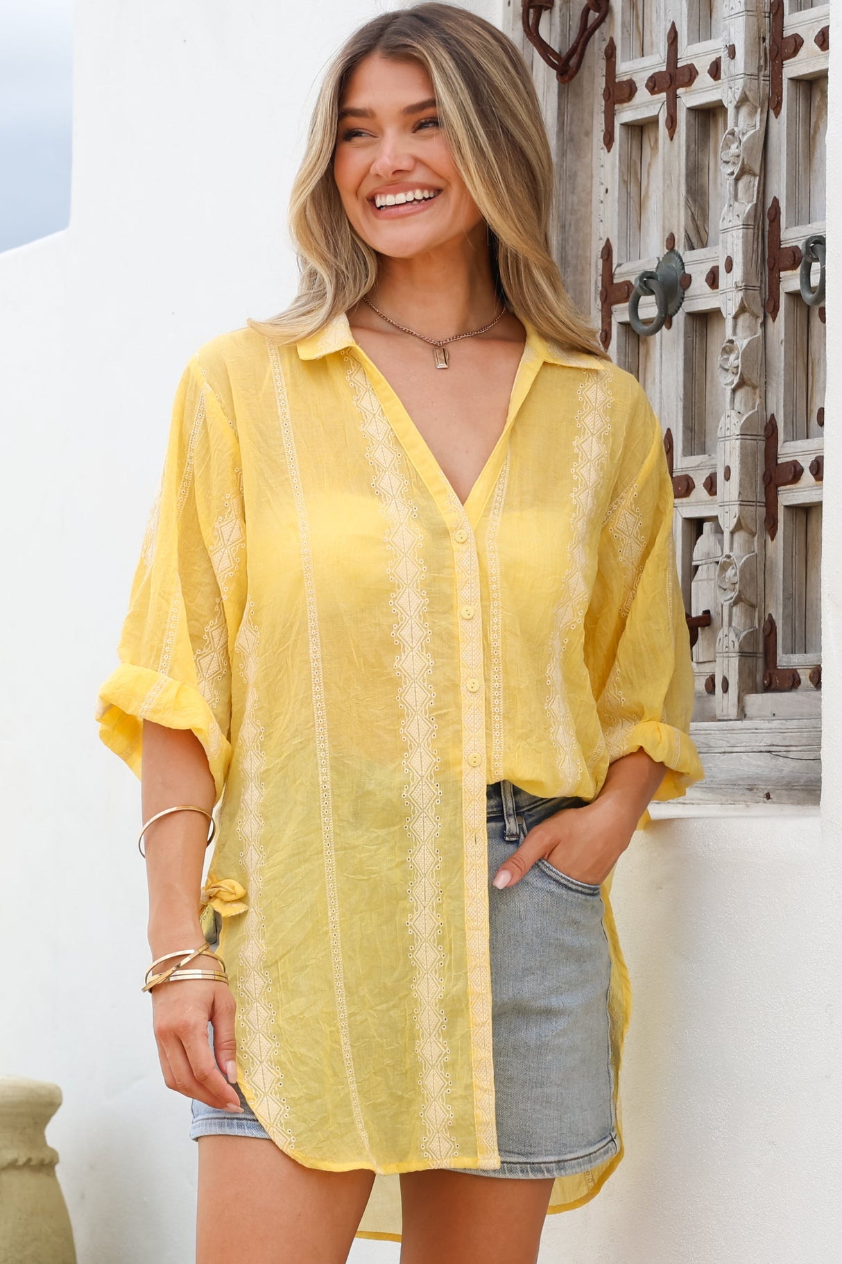 Beachly Embroidered Shirt - Collared Button Down Oversized Shirt in Lemon