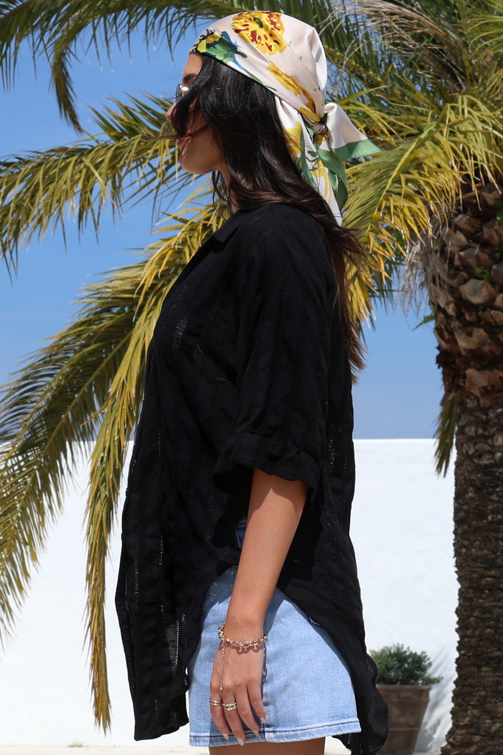Beachly Mesh Shirt - Cotton Mesh Stripe Relaxed Button Down Shirt in Black