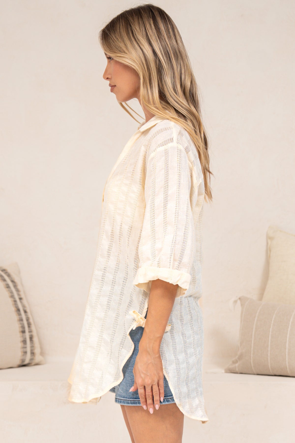 Beachly Mesh Shirt - Cotton Mesh Stripe Relaxed Button Down Shirt in Cream