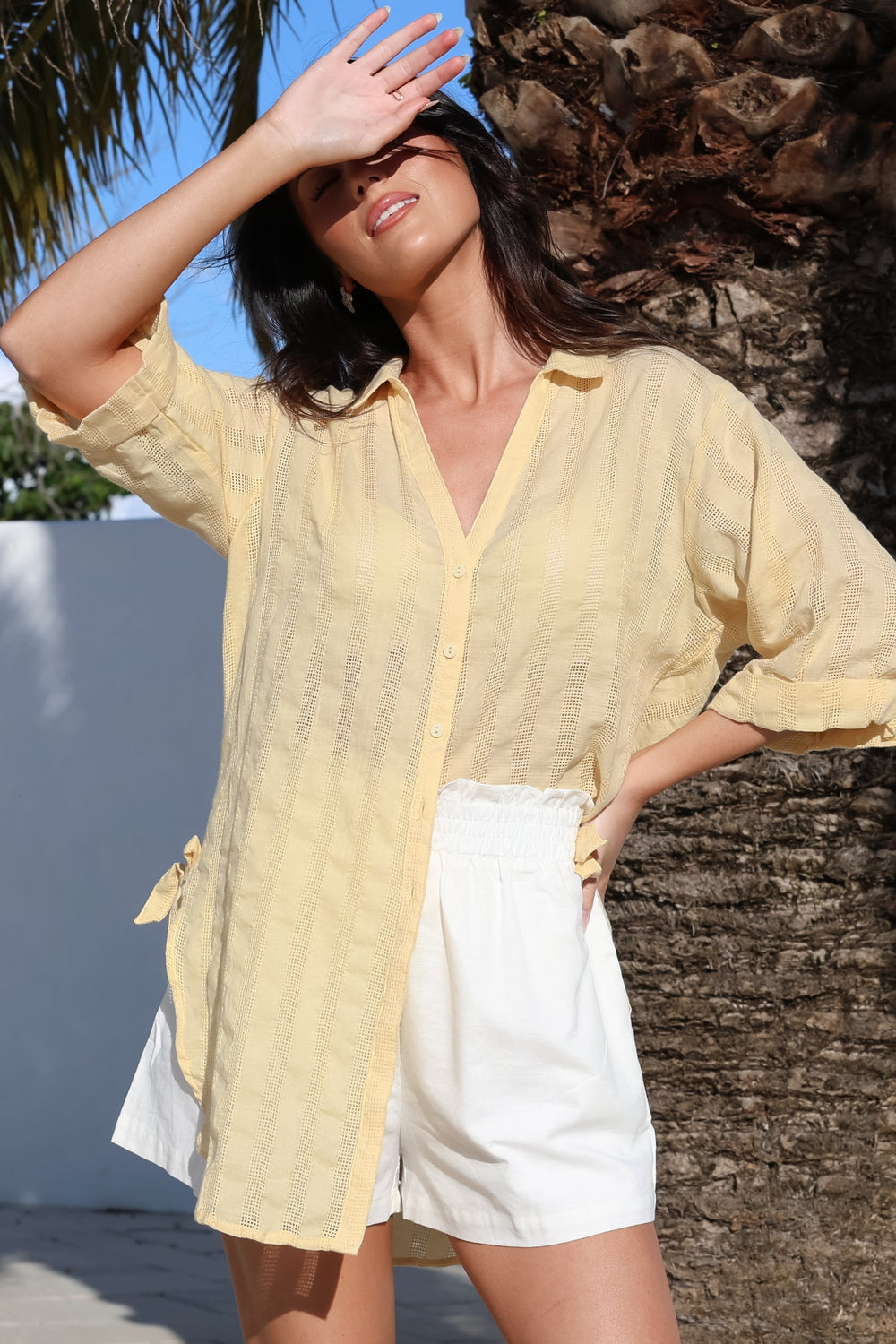 Beachly Mesh Shirt - Cotton Mesh Stripe Relaxed Button Down Shirt in Yellow