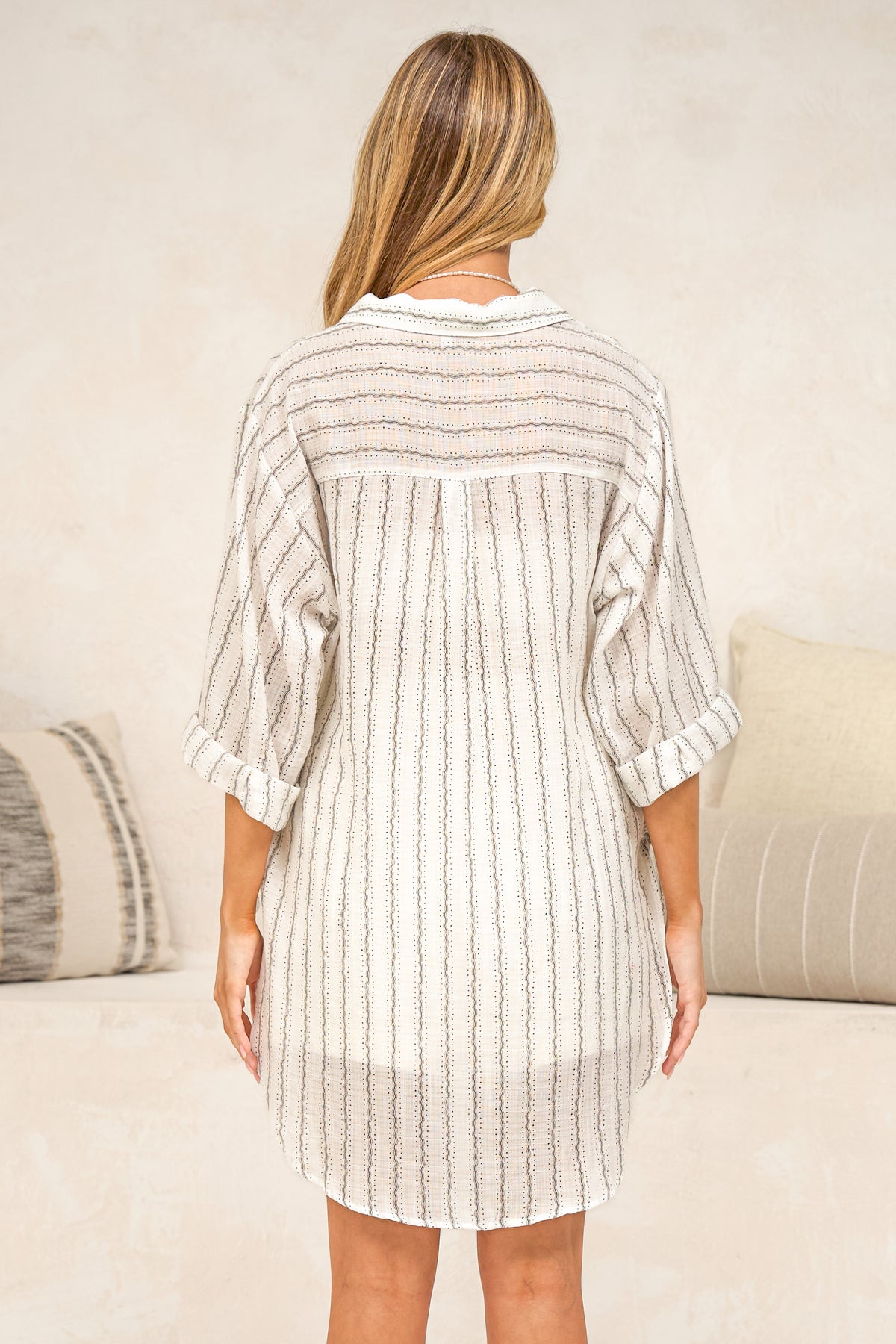 Beachly Shirt - Collared Button Down Oversized Shirt in Romilly Print White