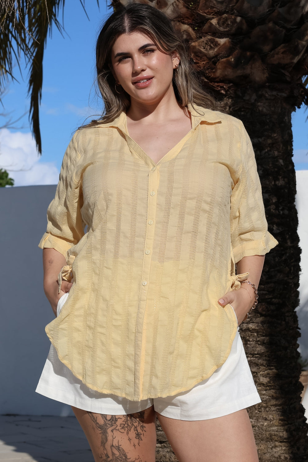 Beachly Mesh Shirt - Cotton Mesh Stripe Relaxed Button Down Shirt in Yellow