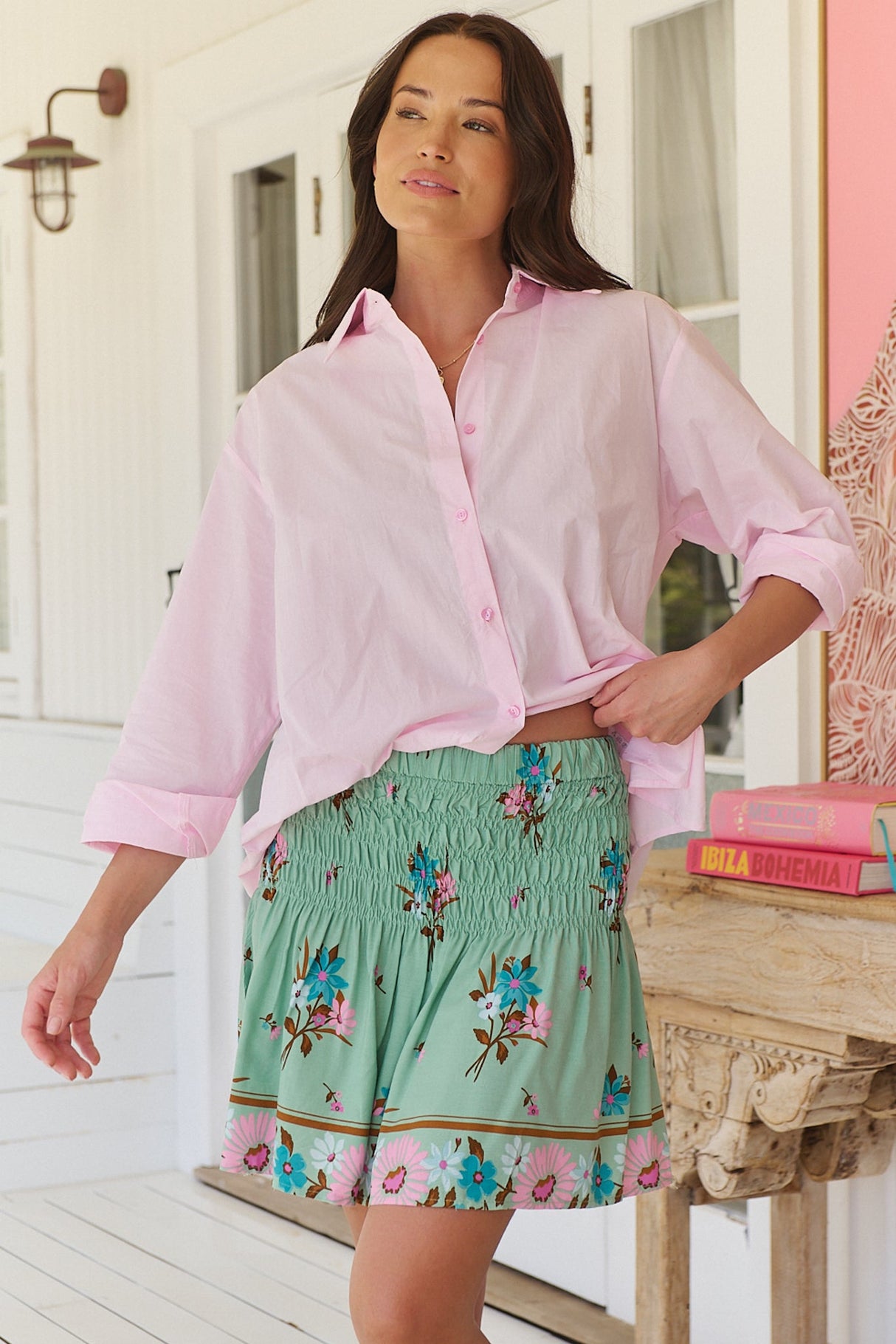 Becca Mini Skirt - Shirred High Waisted Skirt in Maribel Print