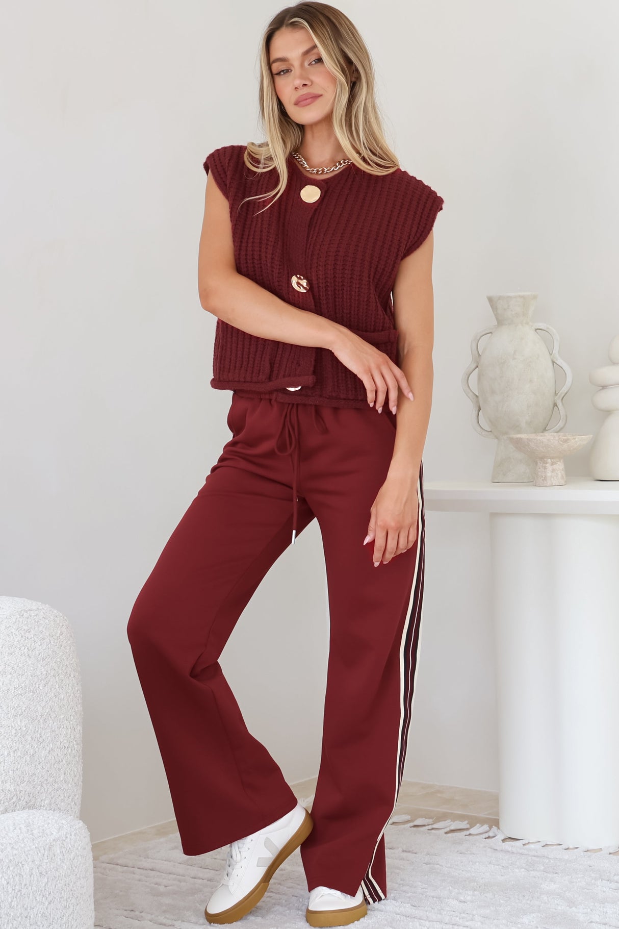Beckham Pants -  High Waisted Sports Stripe Pants in Burgandy